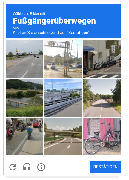 Fenster mit verschiedenen Bildern in einem 3x3-Raster, eines davon zeigt einen Fußgängerüberweg, die anderen Straßen, Flüsse, Brücken. Man soll hier den Fußgängerüberweg anklicken.